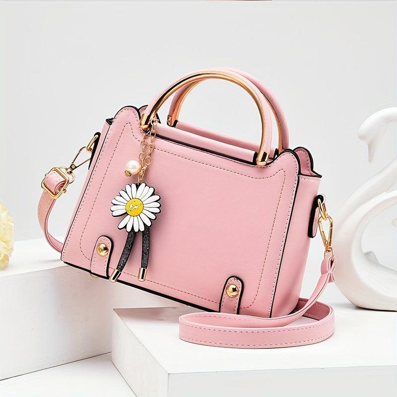 Classic Satchel Bag with Flower Pendant Shoulder Bag for Work