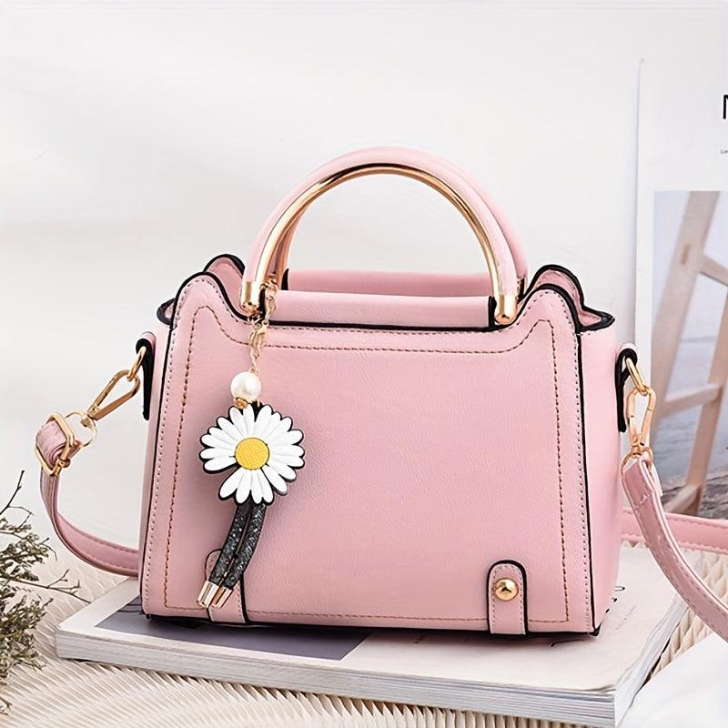 Classic Satchel Bag with Flower Pendant Shoulder Bag for Work