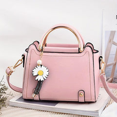Classic Satchel Bag with Flower Pendant Shoulder Bag for Work