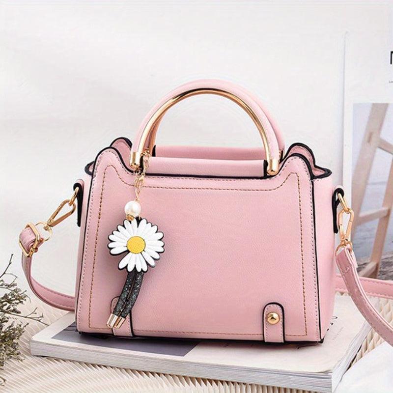 Classic Satchel Bag with Flower Pendant Shoulder Bag for Work