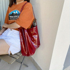 Glossy PU Leather Shoulder Bag Large Capacity Tote Bag Solid Hobo Bag