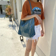 Glossy PU Leather Shoulder Bag Large Capacity Tote Bag Solid Hobo Bag