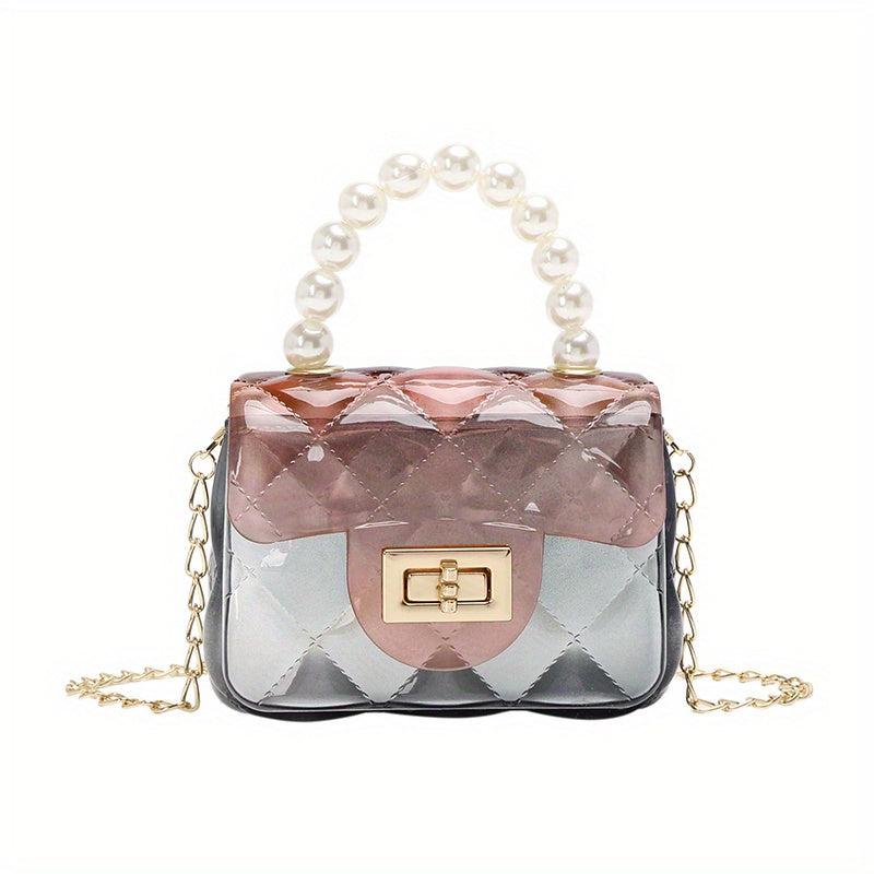 Argyle Embossed Clear Shoulder Bag with Faux Pearl Handle