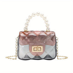 Argyle Embossed Clear Shoulder Bag with Faux Pearl Handle