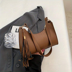 Minimalist Croc Embossed Shoulder Bag Solid Baguette Tassel Armpit Bag
