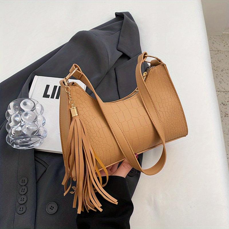 Minimalist Croc Embossed Shoulder Bag Solid Baguette Tassel Armpit Bag