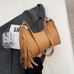 Minimalist Croc Embossed Shoulder Bag Solid Baguette Tassel Armpit Bag