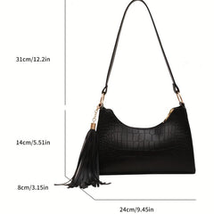 Minimalist Croc Embossed Shoulder Bag Solid Baguette Tassel Armpit Bag