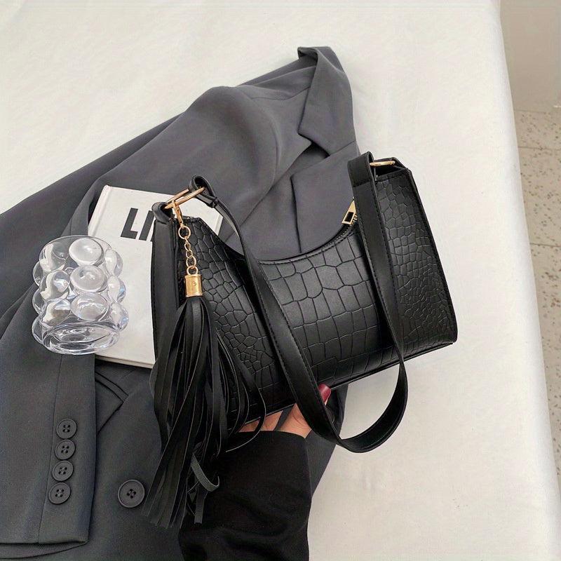 Minimalist Croc Embossed Shoulder Bag Solid Baguette Tassel Armpit Bag