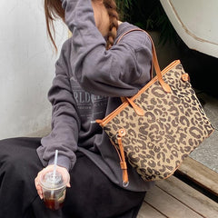 Leopard Pattern Tote Bag Vintage Style Large Capacity Handbag