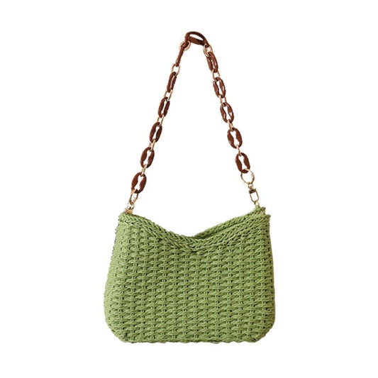 Straw Beach Bag Chain Crossbody Boho Style Braided Shoulder Bag for Women