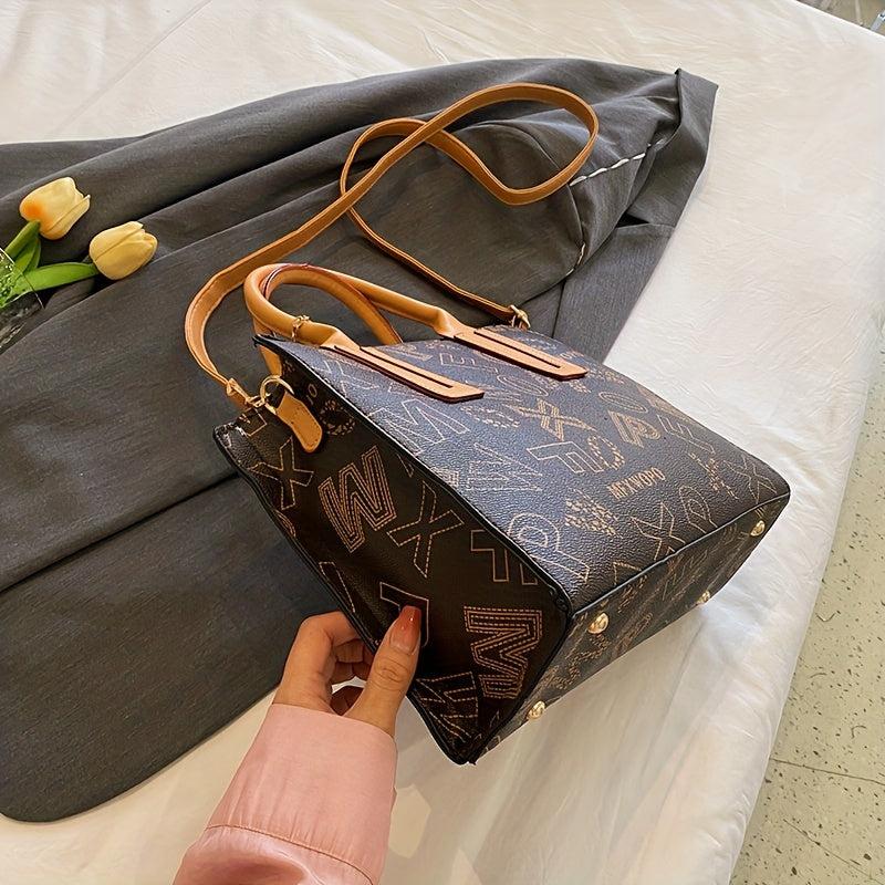 Letter Print Tote Bag Vintage Crossbody Satchel for Women