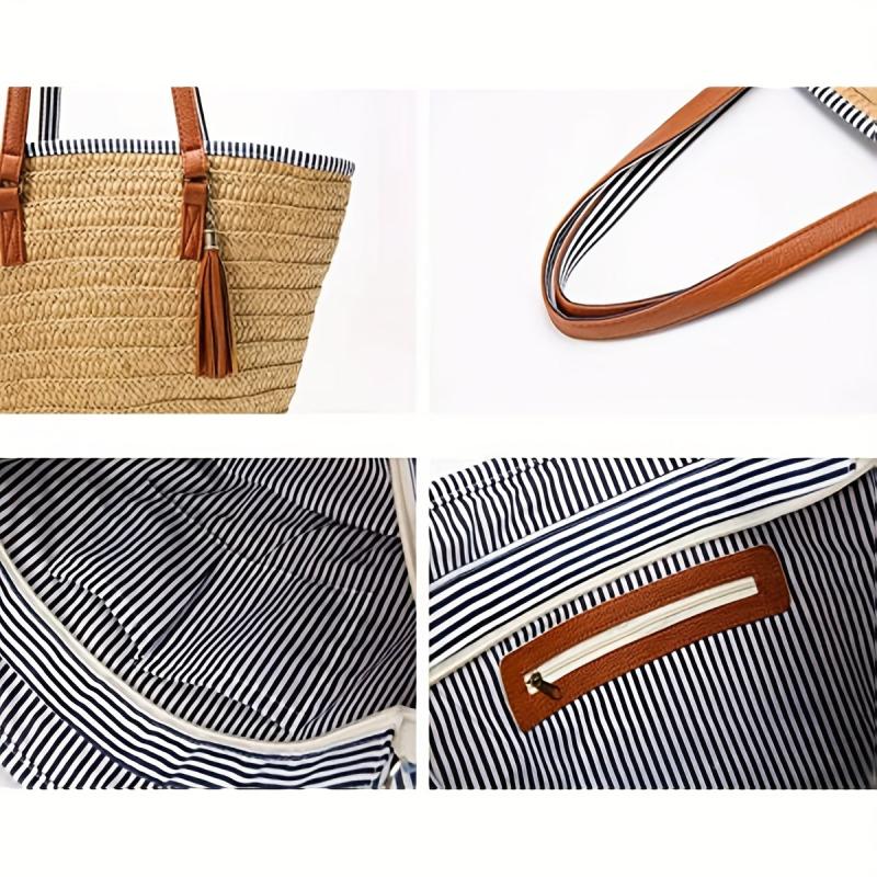 Tassel Pom Pom Decor Woven Straw Slouchy Shoulder Bag
