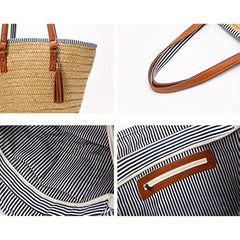 Tassel Pom Pom Decor Woven Straw Slouchy Shoulder Bag
