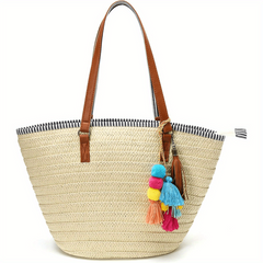 Tassel Pom Pom Decor Woven Straw Slouchy Shoulder Bag