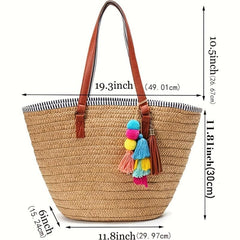 Tassel Pom Pom Decor Woven Straw Slouchy Shoulder Bag
