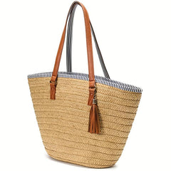 Tassel Pom Pom Decor Woven Straw Slouchy Shoulder Bag