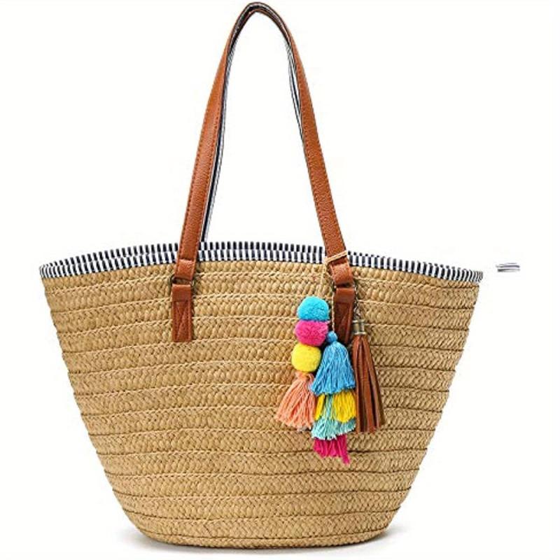 Tassel Pom Pom Decor Woven Straw Slouchy Shoulder Bag