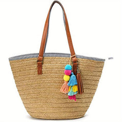 Tassel Pom Pom Decor Woven Straw Slouchy Shoulder Bag