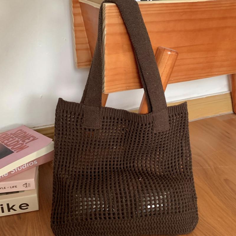 Crochet Mesh Beach Tote Bag Knitted Shoulder Handbag Solid Color