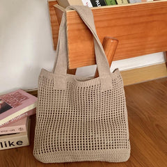 Crochet Mesh Beach Tote Bag Knitted Shoulder Handbag Solid Color