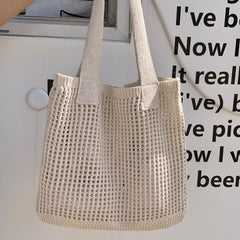 Crochet Mesh Beach Tote Bag Knitted Shoulder Handbag Solid Color