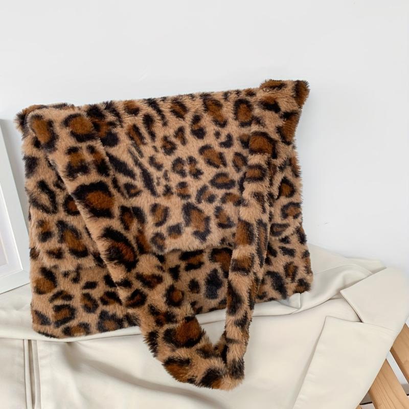 Leopard Pattern Plush Shoulder Bag Large Capacity Casual Bag