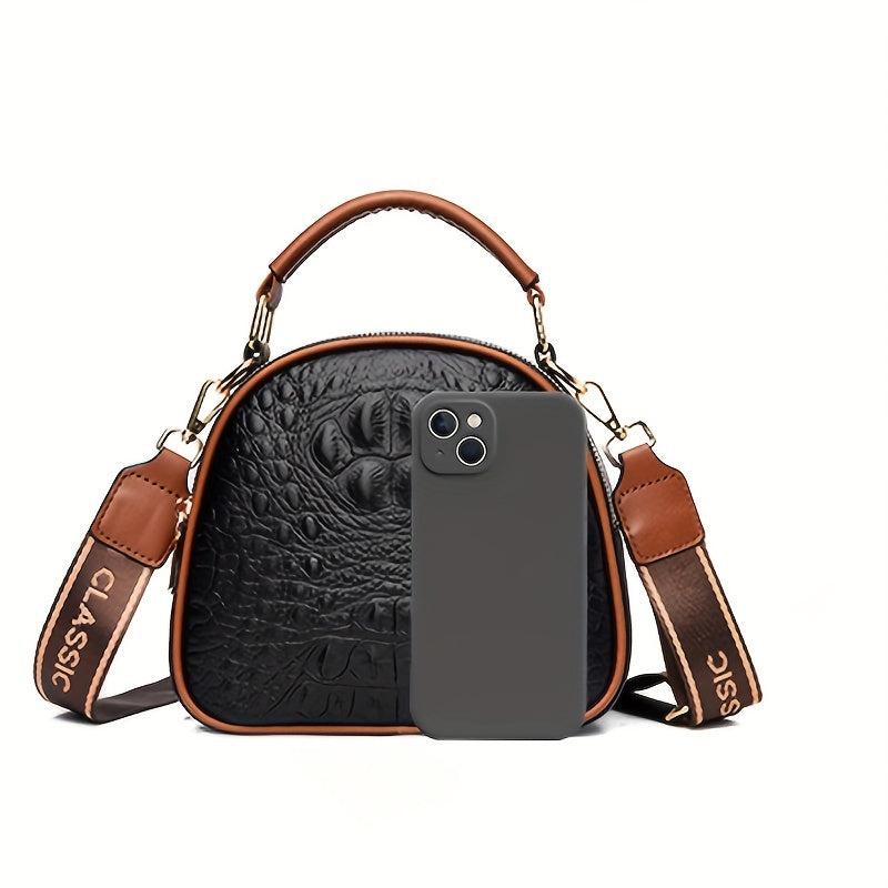Crocodile Pattern Handbag Women's Crossbody Bag with Wide Strap