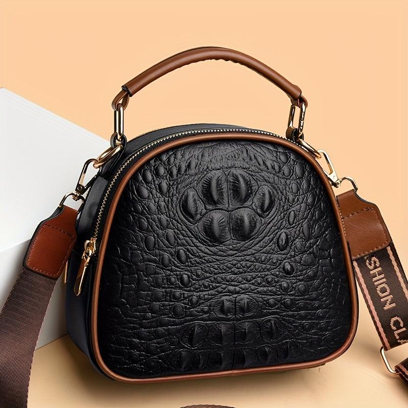 Crocodile Pattern Handbag Women's Crossbody Bag with Wide Strap