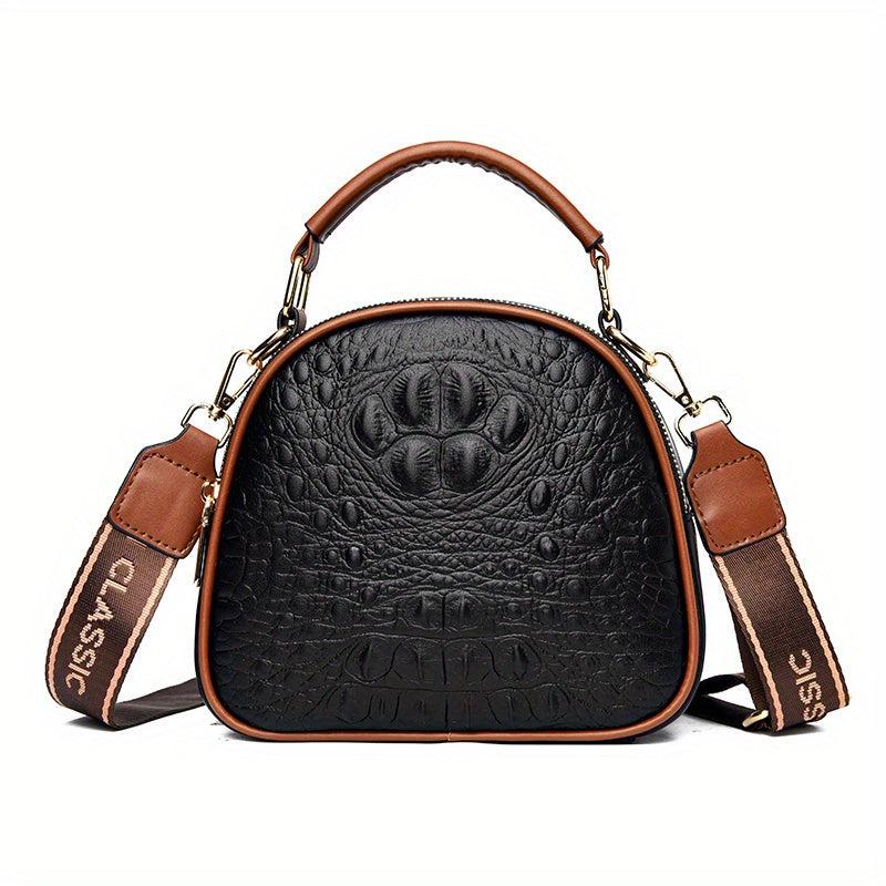 Crocodile Pattern Handbag Women's Crossbody Bag with Wide Strap