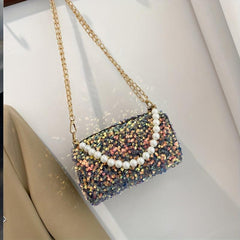 Sequins Crossbody Bag Faux Pearl Chain Handbag
