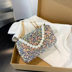 Sequins Crossbody Bag Faux Pearl Chain Handbag