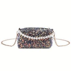 Sequins Crossbody Bag Faux Pearl Chain Handbag