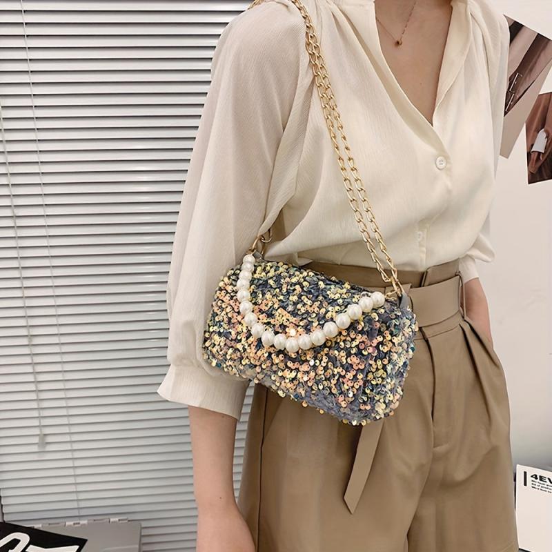 Sequins Crossbody Bag Faux Pearl Chain Handbag
