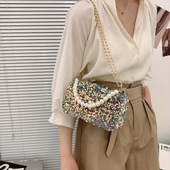 Sequins Crossbody Bag Faux Pearl Chain Handbag