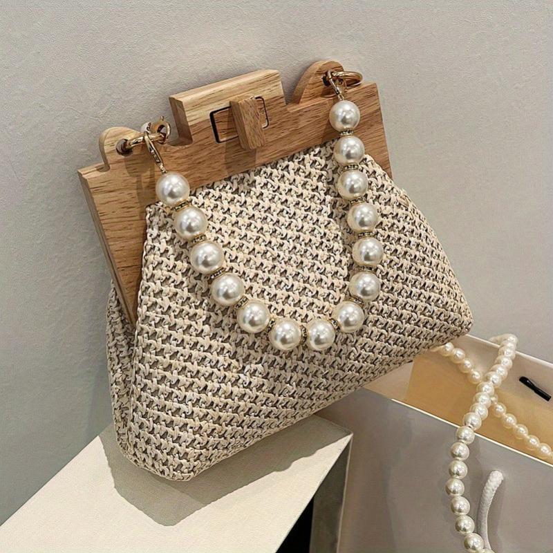 Straw Woven Handbag Women Beach Purse Faux Pearl Chain Crossbody Bag