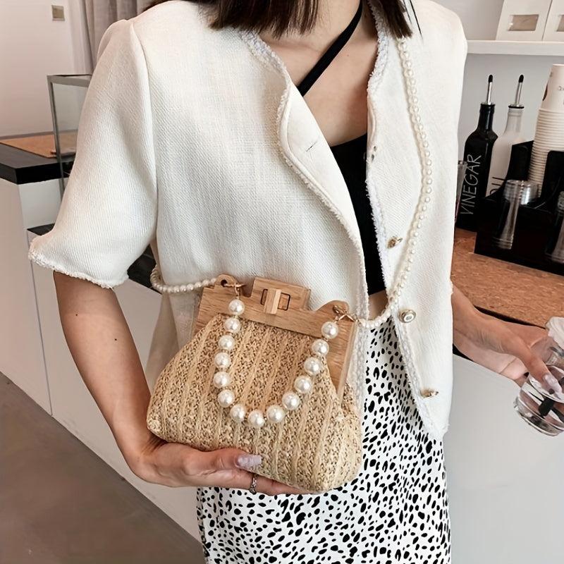 Straw Woven Handbag Women Beach Purse Faux Pearl Chain Crossbody Bag