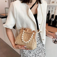 Straw Woven Handbag Women Beach Purse Faux Pearl Chain Crossbody Bag
