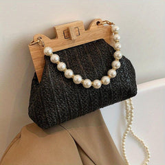 Straw Woven Handbag Women Beach Purse Faux Pearl Chain Crossbody Bag