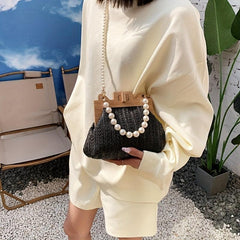 Straw Woven Handbag Women Beach Purse Faux Pearl Chain Crossbody Bag