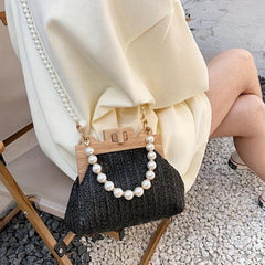 Straw Woven Handbag Women Beach Purse Faux Pearl Chain Crossbody Bag
