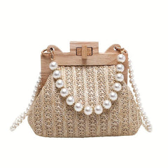 Straw Woven Handbag Women Beach Purse Faux Pearl Chain Crossbody Bag