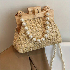 Straw Woven Handbag Women Beach Purse Faux Pearl Chain Crossbody Bag