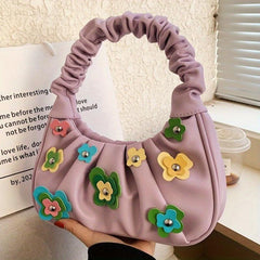 Flower Decor Ruched Shoulder Bag Zipper Portable Armpit Bag