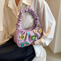Flower Decor Ruched Shoulder Bag Zipper Portable Armpit Bag
