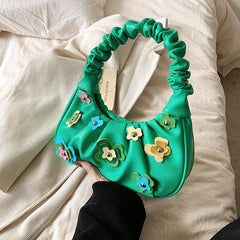 Flower Decor Ruched Shoulder Bag Zipper Portable Armpit Bag