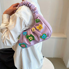 Flower Decor Ruched Shoulder Bag Zipper Portable Armpit Bag