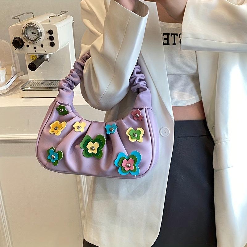 Flower Decor Ruched Shoulder Bag Zipper Portable Armpit Bag