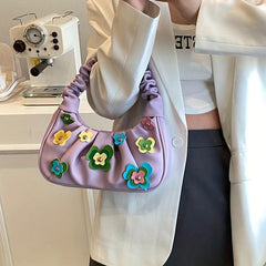 Flower Decor Ruched Shoulder Bag Zipper Portable Armpit Bag