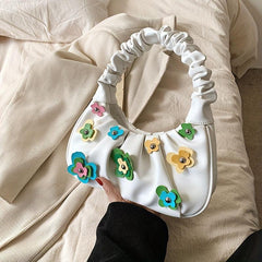 Flower Decor Ruched Shoulder Bag Zipper Portable Armpit Bag